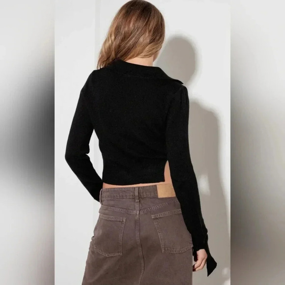 Trendy Cut Out Collared Crop Soft Long Sleeve Sweater Top #417-418 - Picture 2 of 6